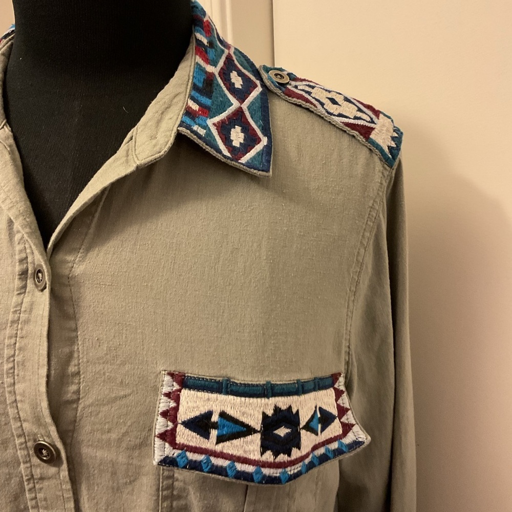 RAILS Kona Button-Front Linen Blend Embroidered Olive Green Shirt Size S Boho - Picture 4 of 8